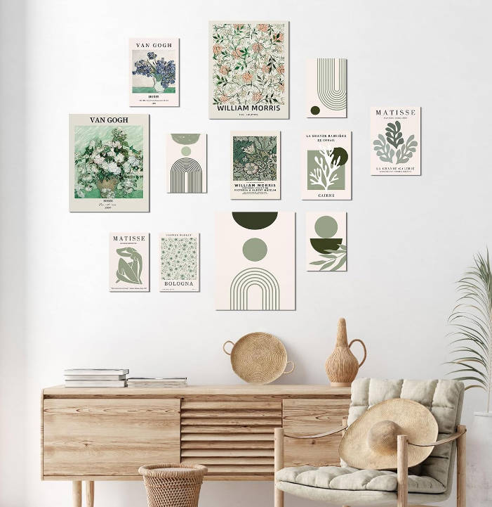 VIYYIEA 12Pcs Sage Green Matisse Wall Art Unframed Boho Wall Posters For Living Room, Van Gogh Artwork Prints Wall Decor Bedroom Kitchen, Aesthetic Flower Market Minimalist Home Decor