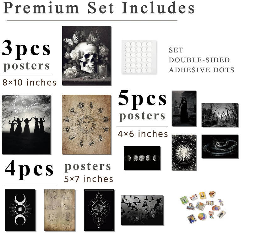 VIYYIEA Gothic Home Decor Aesthetic - Witchy Wall Art Goth Posters, Unframed Art Prints Witch Wall Decor Dark Academia Decor Bedroom Kitchen, Hallway Spooky Room Decor, Halloween Wicca Picture Set