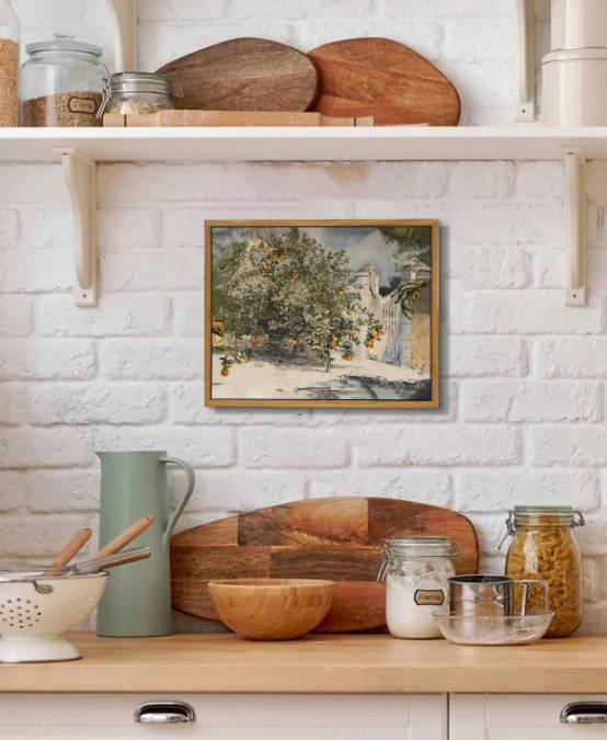 VIYYIEA Framed Canvas Wall Art Vintage Decor, Country Orange Trees Earthy Room Decor Aesthetic, Kitchen Living Room Bedroom Bathroom Rustic Farmhouse Decorations, 9"x11"