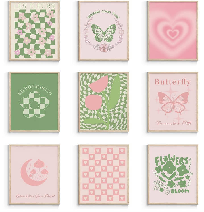 VIYYIEA Preppy Pink Wall Art Room Decor Aesthetic Pink Pictures Collage Wall Decor Bedroom Trendy Stuff Wall Poster Flower Butterfly Art Prints Unframed Preppy Home Decor（8X10in
