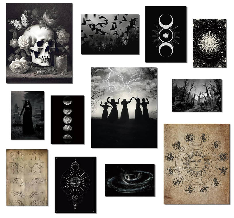 VIYYIEA Gothic Home Decor Aesthetic - Witchy Wall Art Goth Posters, Unframed Art Prints Witch Wall Decor Dark Academia Decor Bedroom Kitchen, Hallway Spooky Room Decor, Halloween Wicca Picture Set