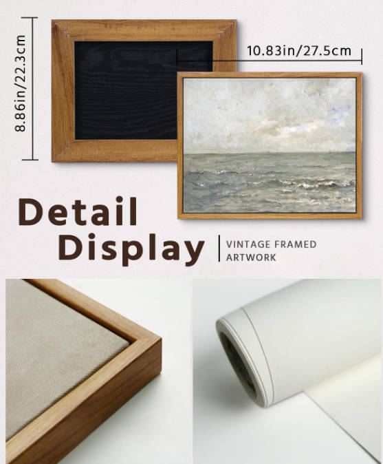 VIYYIEA Framed Canvas Wall Art Home Decor, Vintage Seascape Paintings Wall Decor, Ocean Art for Living Room Bedroom Bathroom, 9"x11"