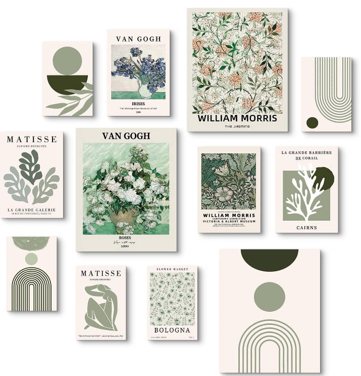 VIYYIEA 12Pcs Sage Green Matisse Wall Art Unframed Boho Wall Posters For Living Room, Van Gogh Artwork Prints Wall Decor Bedroom Kitchen, Aesthetic Flower Market Minimalist Home Decor