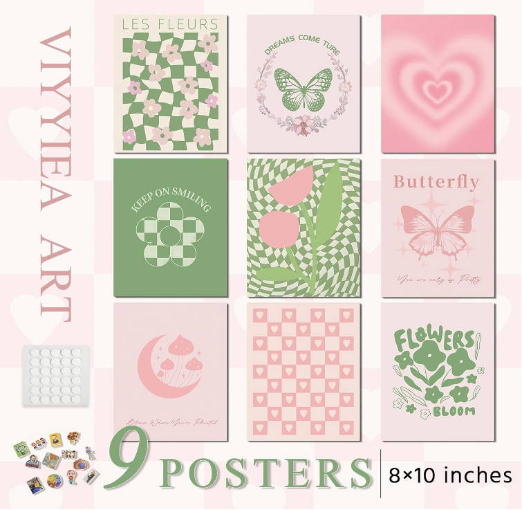 VIYYIEA Preppy Pink Wall Art Room Decor Aesthetic Pink Pictures Collage Wall Decor Bedroom Trendy Stuff Wall Poster Flower Butterfly Art Prints Unframed Preppy Home Decor（8X10in