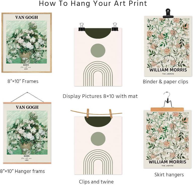 VIYYIEA 12Pcs Sage Green Matisse Wall Art Unframed Boho Wall Posters For Living Room, Van Gogh Artwork Prints Wall Decor Bedroom Kitchen, Aesthetic Flower Market Minimalist Home Decor