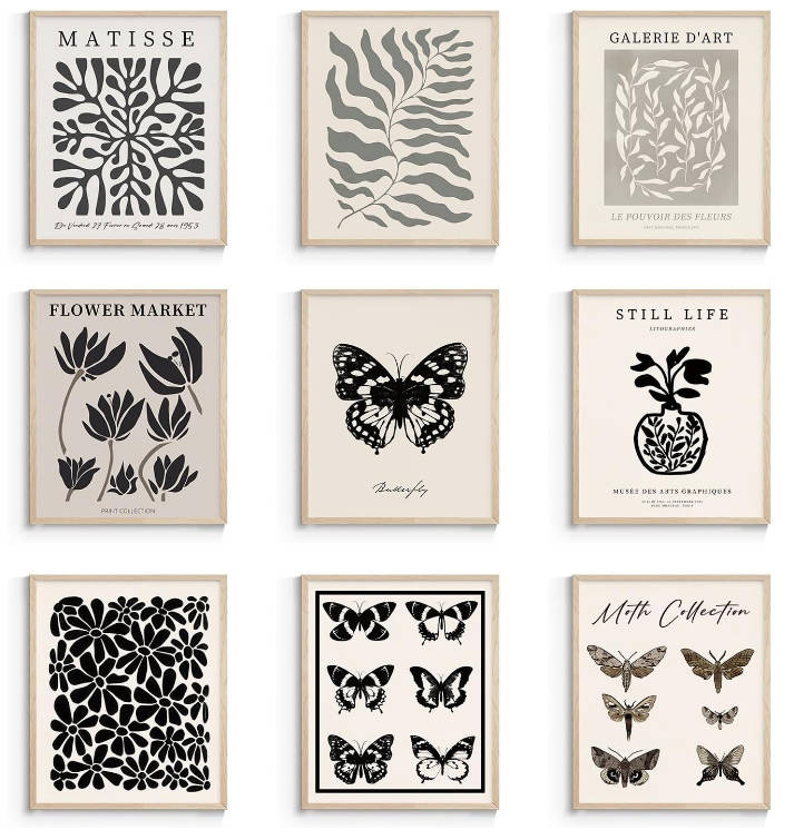VIYYIEA Black and White Wall Art Butterfly Wall Decor Pictures for Living Room, Botanical Flower Prints Posters Room Decor Vintage Art Prints Unframed Farmhouse Kitchen Bedroom (8×10in)