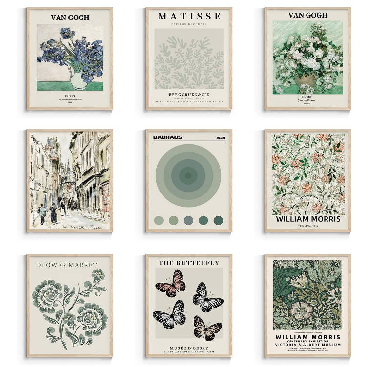 VIYYIEA 9Pcs Vintage Wall Art Prints, Sage Green Matisse Wall Art Posters, Aesthetic Floral Wall Decor Bedroom Living Room, Retro Art Prints Unframed 8X10 Inch Master Artwork Picture Set for Kitchen