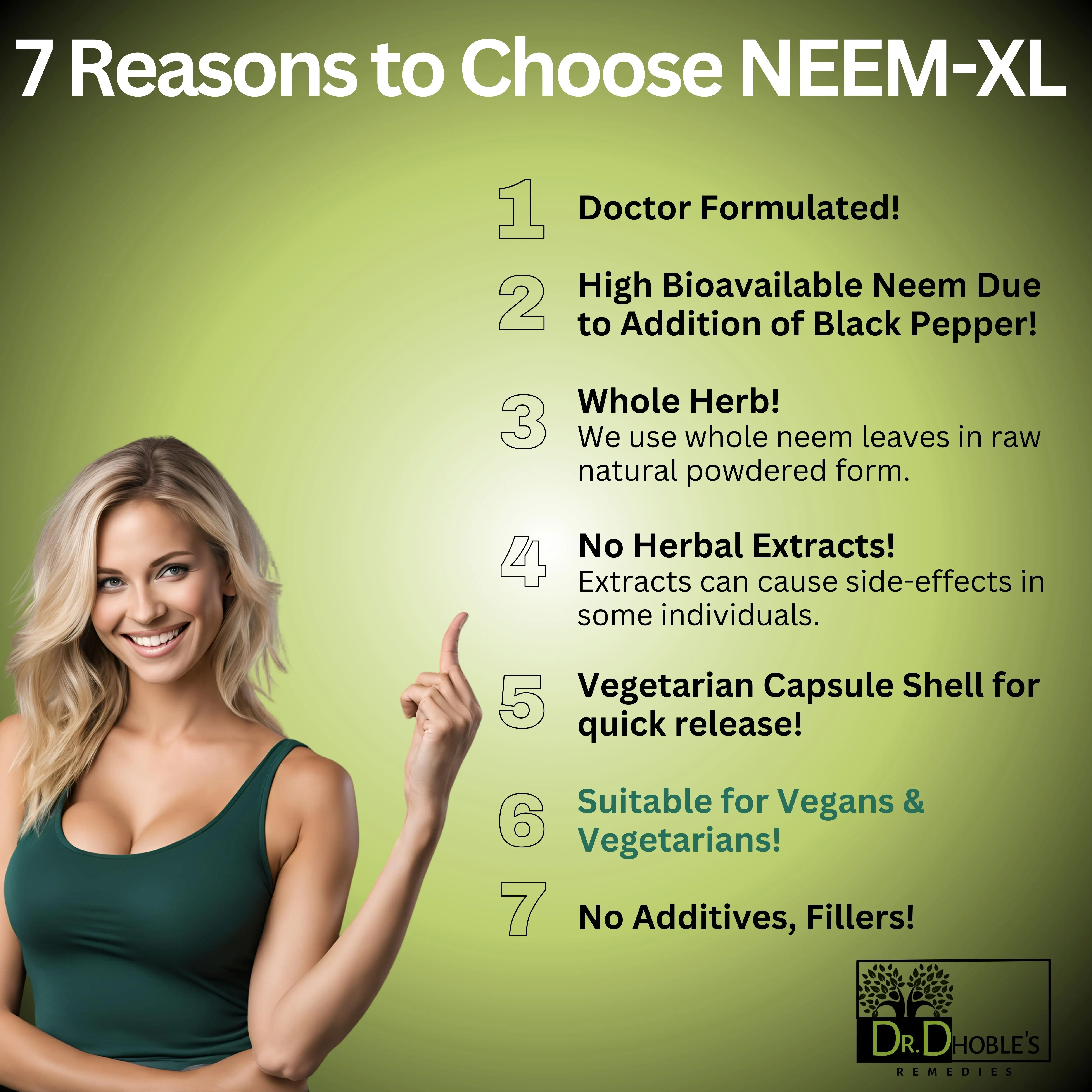 Dr. Dhoble's Remedies Neem XL, MD Formulated Advanced Neem Supplement, Enhanced Effectiveness & Bioavailability with Black Pepper, Neem Leaf Powder, No Extract, Vegan Capsules for Quick Release