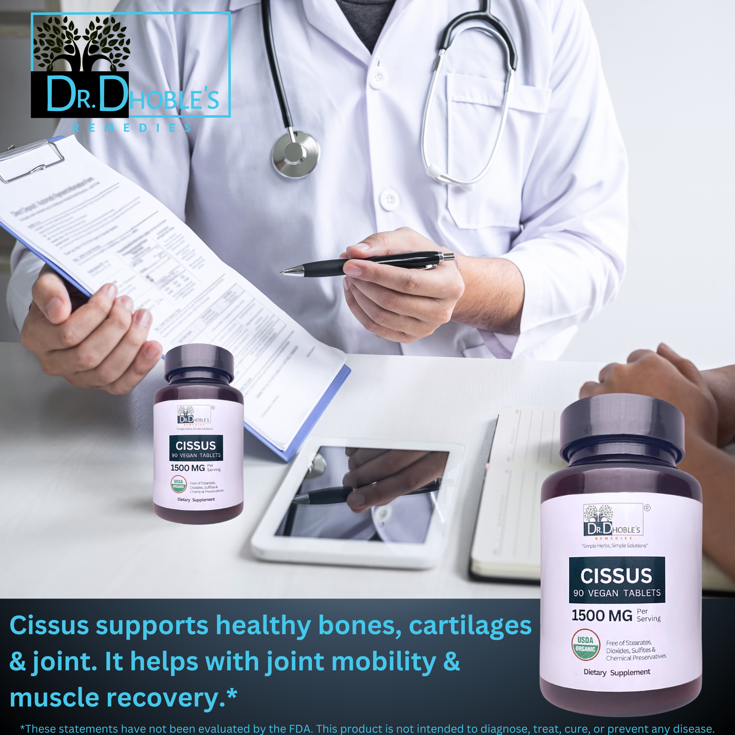 Dr. Dhoble's Remedies Cissus Quadrangularis Supplement, Made Uniquely with Nature's Glue, Joint Support, Supplements Bone, Ligament, Cartilage and Tendon, No Extract, USDA Organic 90 Vegan Tablets