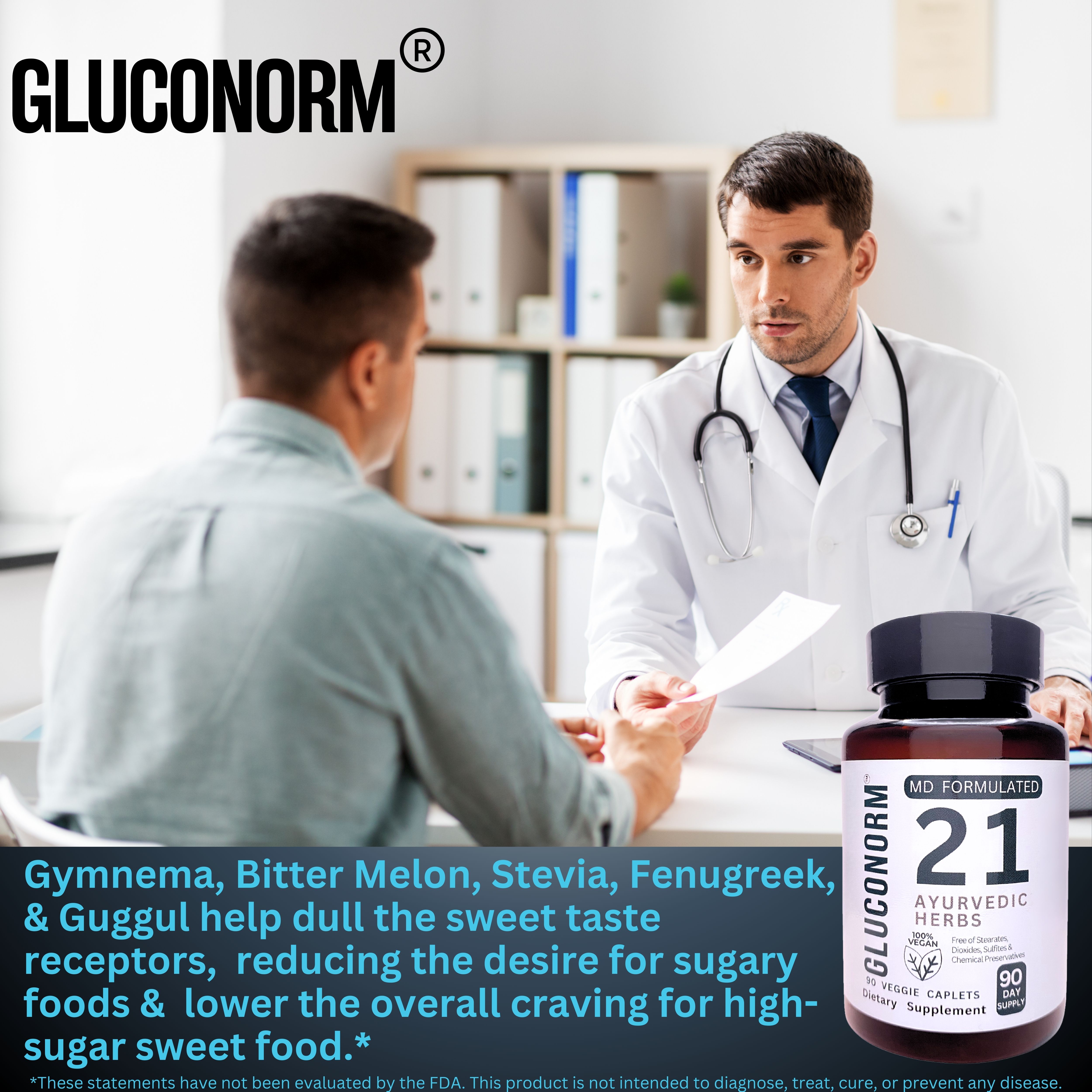 Dr. Dhoble's Remedies GlucoNorm – MD Formulated Research-Backed Natural Blood Sugar Support Formula, Blood Sugar Control, Reduces Sugar Cravings, Made Uniquely with Natures Glue (Gum Acacia), Vegan, Gluten-free, 90 Caplets