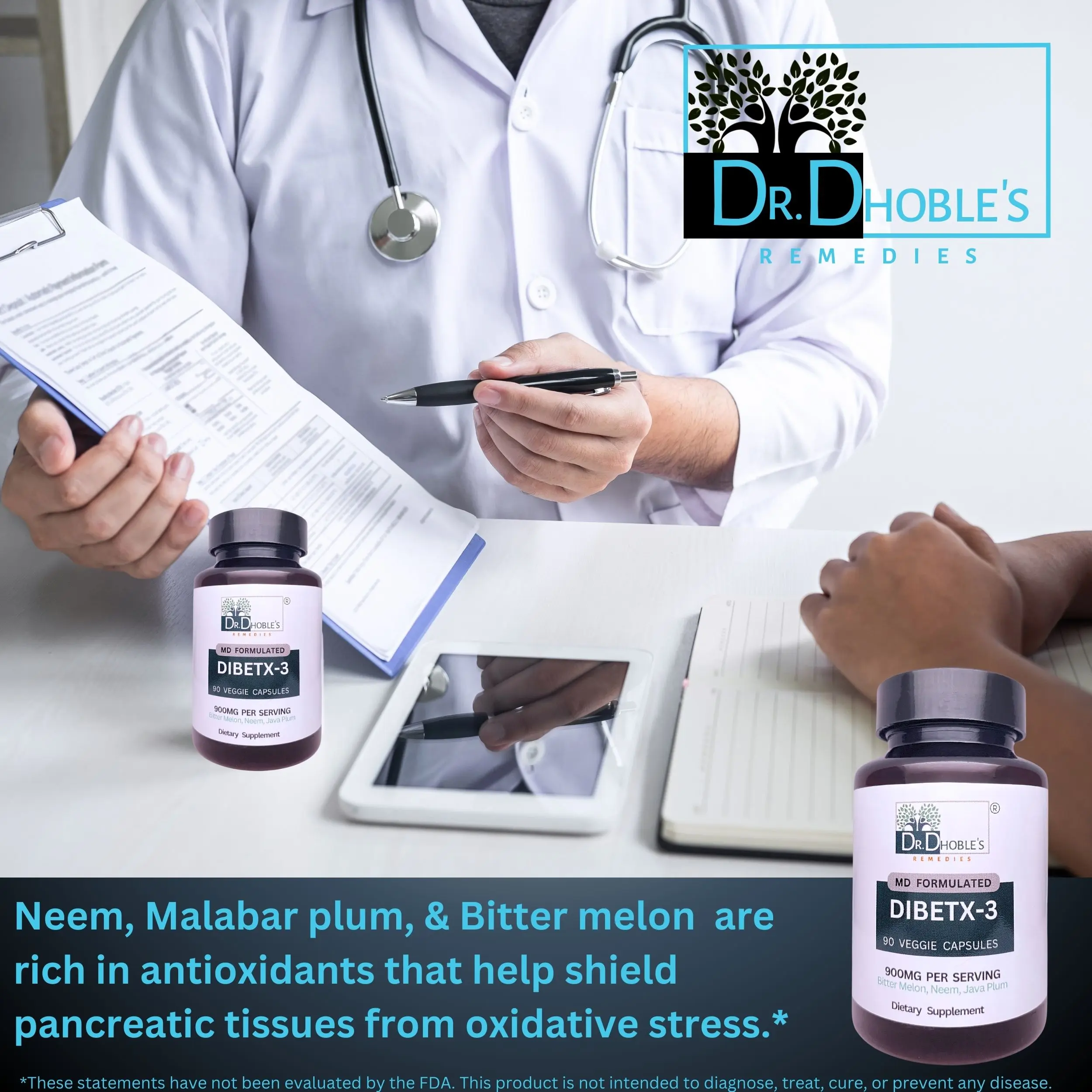 Dr. Dhoble's Remedies DibetX - 3  MD Formulated Blood Sugar Support Formula, Bitter Melon, Java Plum, Neem 90 Vegan Capsules