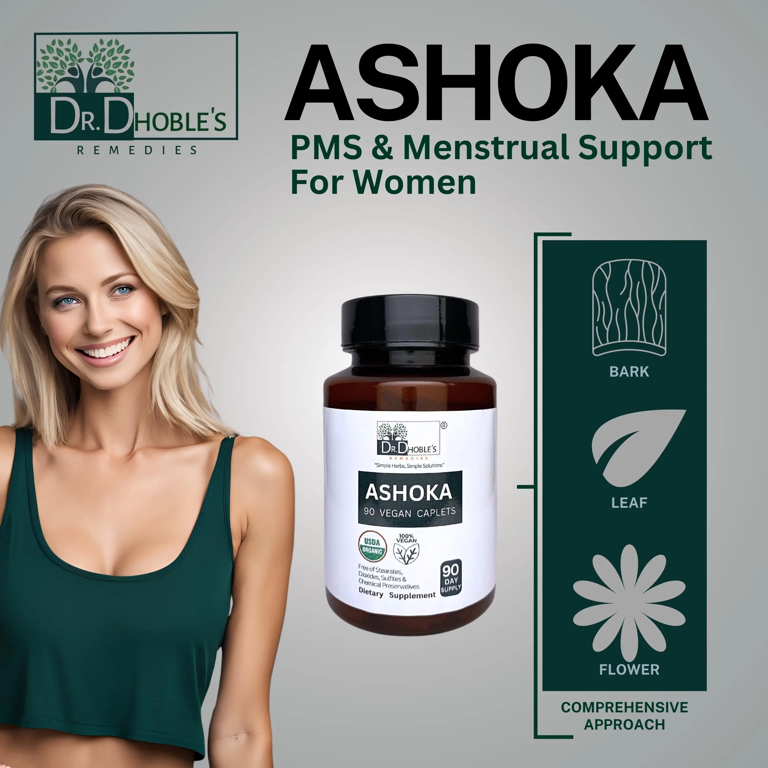 Dr. Dhoble's Remedies Ashoka • Menstrual Health • Menstrual Cramp Relief & PMS Support • Herbal Supplement for Women • Orgainc 90 Ct