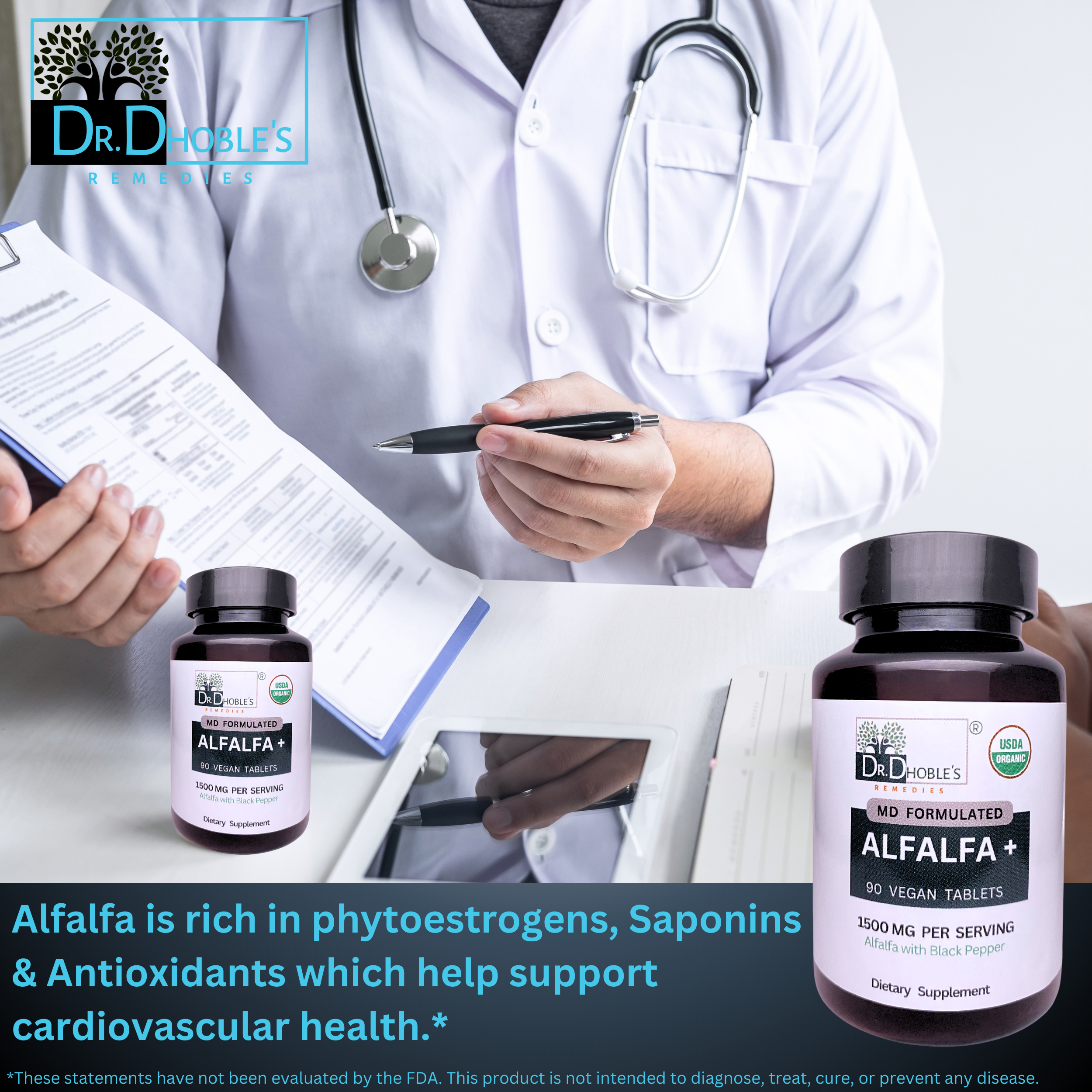 Dr. Dhoble's Remedies Alfalfa+, MD Formulated Advanced Alfalfa Delivery Formula, Enhanced Bioavailability with Black Pepper, Superfood, Natural Chlorophyll Supplement, USDA Organic, 90 Vegan Tablets