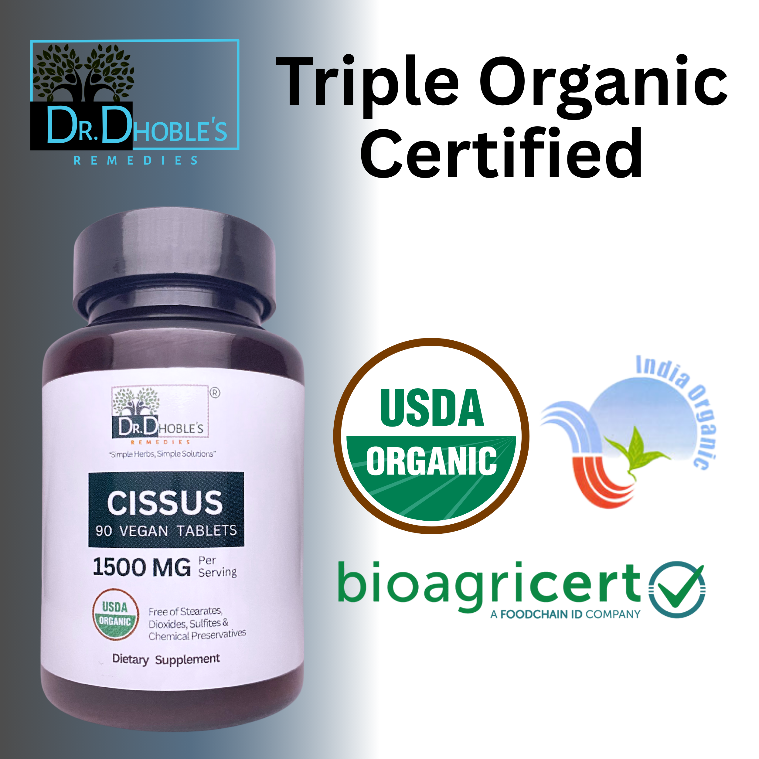 Dr. Dhoble's Remedies Cissus Quadrangularis Supplement, Made Uniquely with Nature's Glue, Joint Support, Supplements Bone, Ligament, Cartilage and Tendon, No Extract, USDA Organic 90 Vegan Tablets