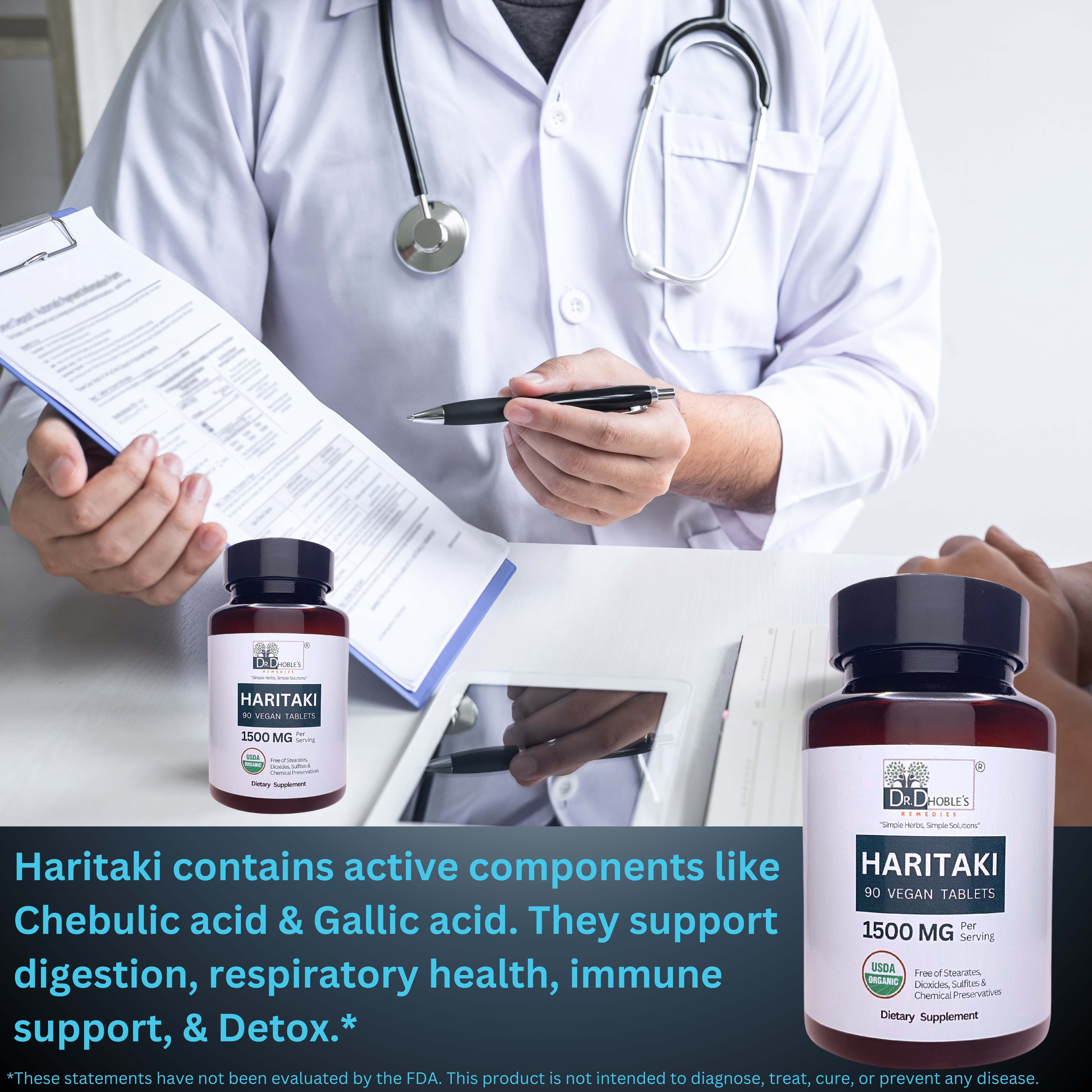 Dr. Dhoble's Remedies Haritaki Tablets USDA Organic Made Uniquely with Nature's Glue - Whole Dry Haritaki Fruit Powder + No Extract, Sourced from The Himalaya in India, 1500mg/serving, 90 Vegan Pills