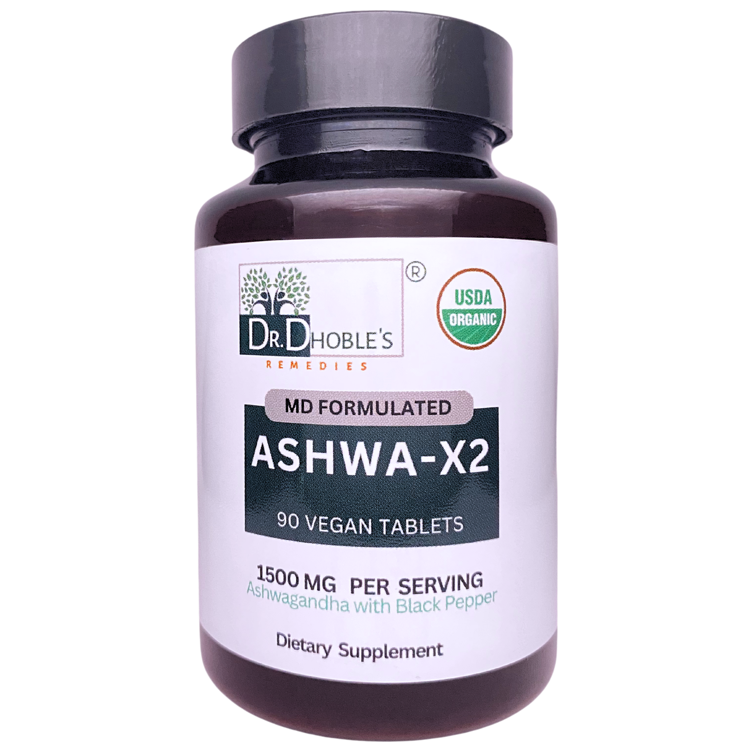 Dr. Dhoble's Remedies Ashwa X2, Dr. Formulated Ashwagandha Uniquely Made Vegan Tablets with Nature's Glue (Gum Acacia) & Black Pepper to Increase Bioavailability, 1500mg, No Extract, USDA Organic