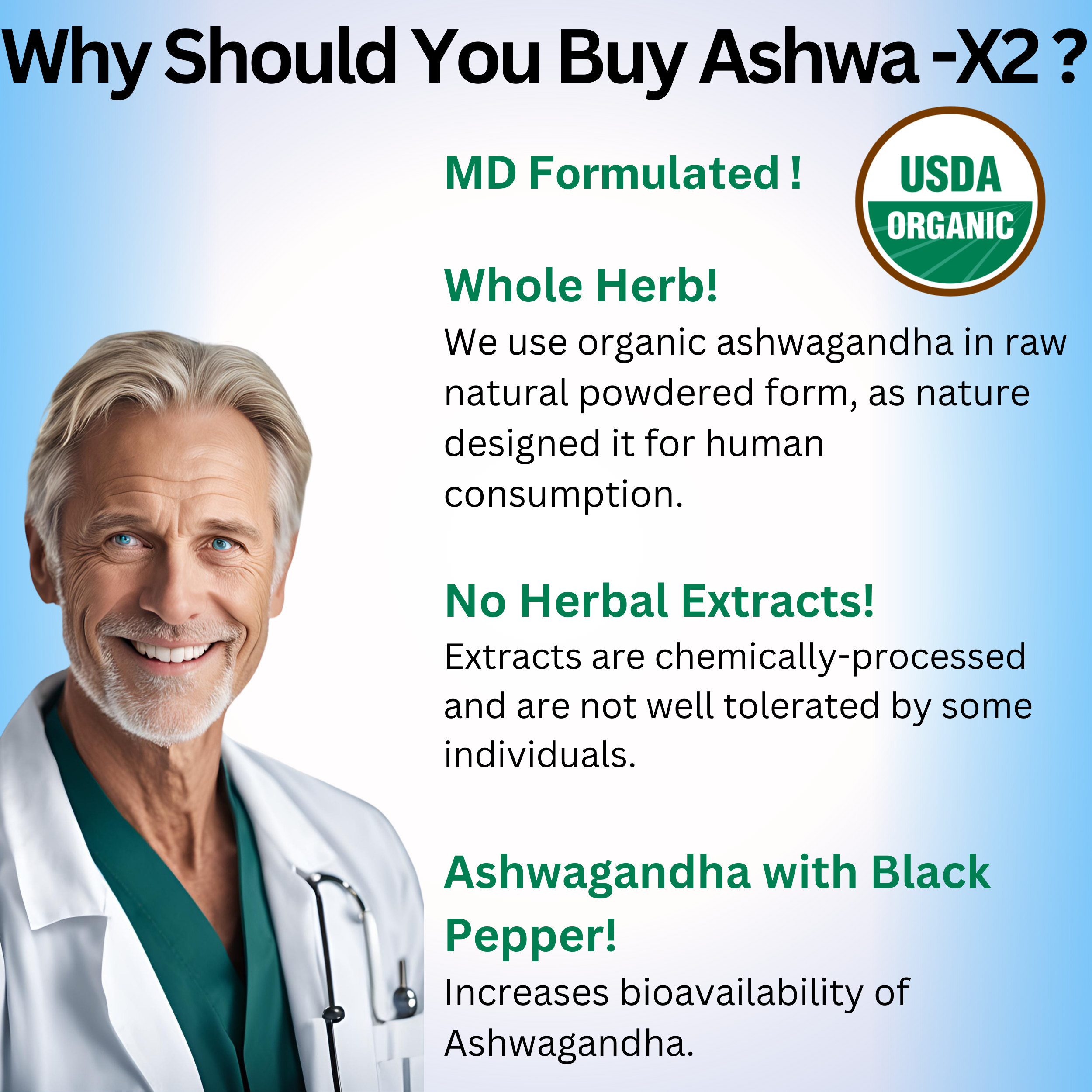 Dr. Dhoble's Remedies Ashwa X2, Dr. Formulated Ashwagandha Uniquely Made Vegan Tablets with Nature's Glue (Gum Acacia) & Black Pepper to Increase Bioavailability, 1500mg, No Extract, USDA Organic