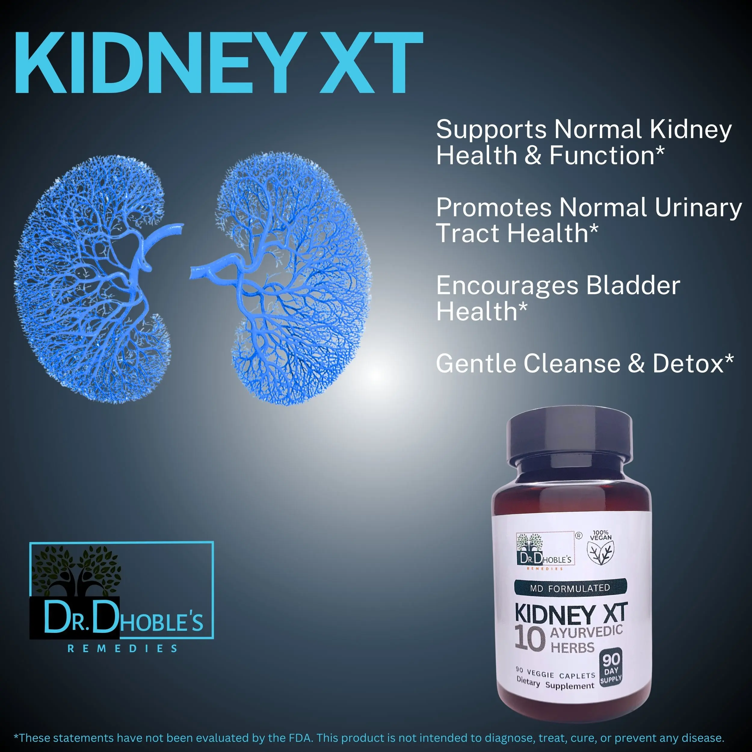 Dr. Dhoble's Remedies Kidney XT - MD Made Kidney Cleanse, Detox & Repair Supplement, 10 in 1 Ayurvedic Herbs, Renal & Bladder Health Support, Detoxify, Flush Impurities, Natural, Herbal 90 Vegan Pills