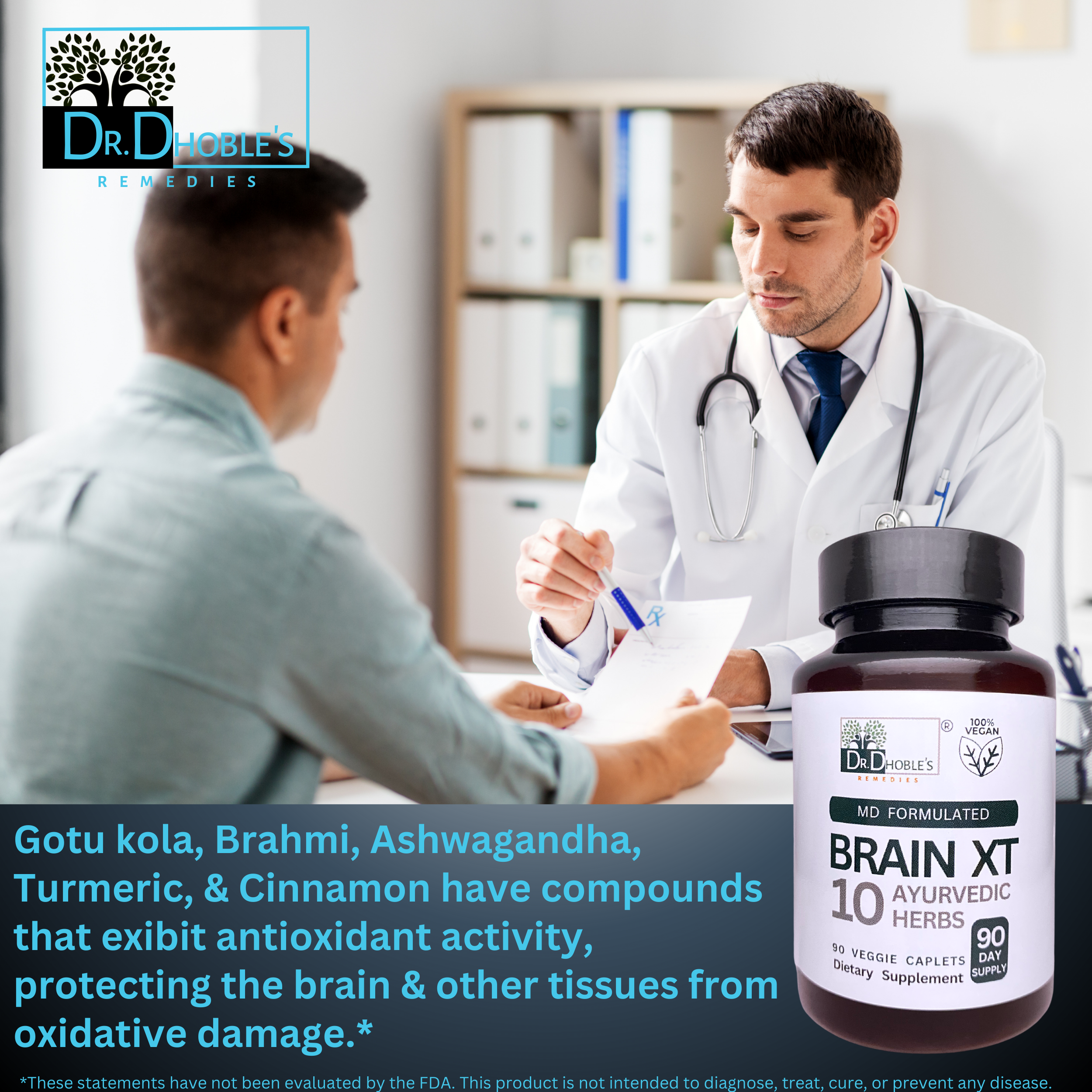 Dr. Dhoble's Remedies Brain XT- MD Made Neuro Cognitive Health Support Supplement, 10 Herbs - Supplements Mood, Vitality, Wellness, Focus and Memory, Nootropic Aid for Men & Women, 90 Vegan Pills