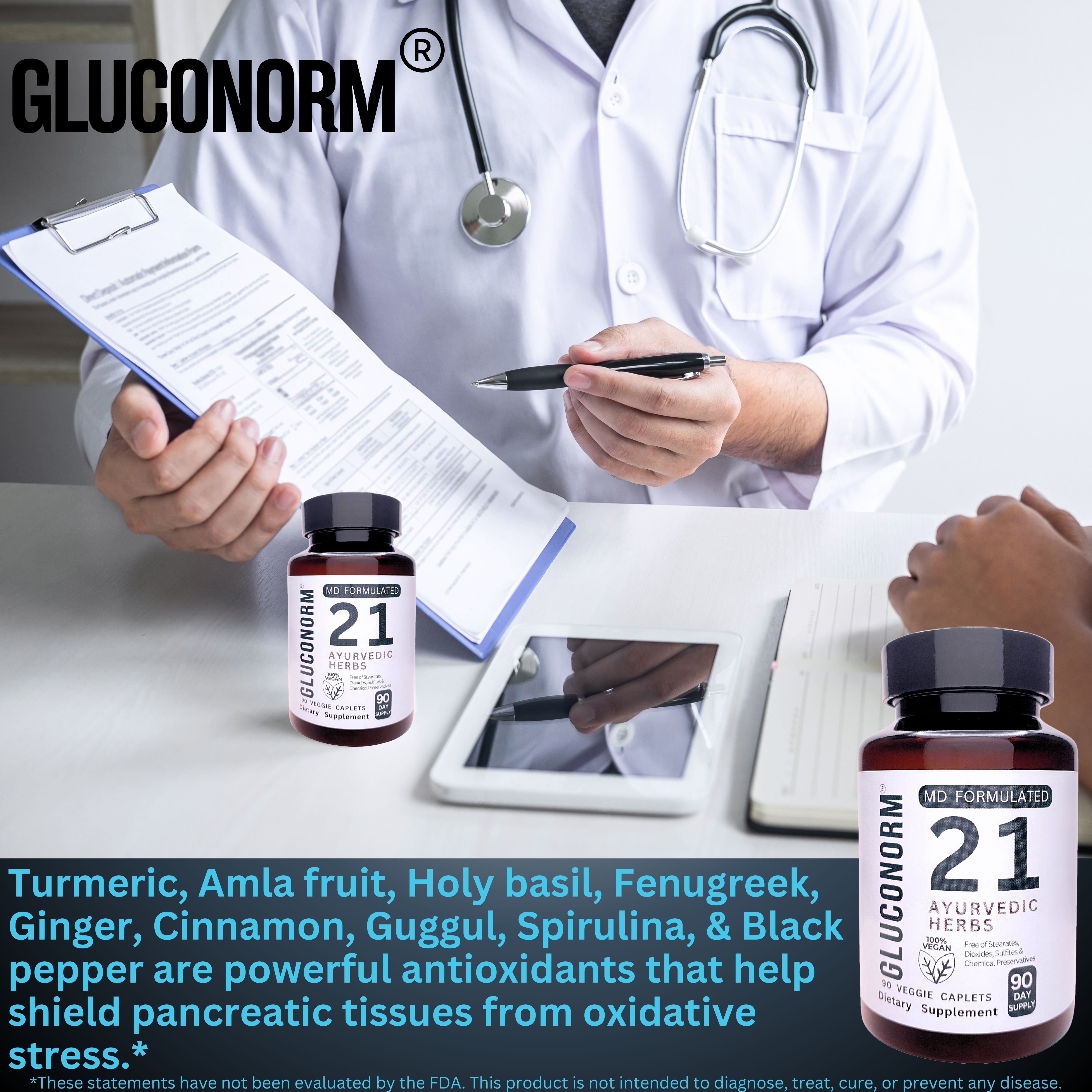 Dr. Dhoble's Remedies GlucoNorm – MD Formulated Research-Backed Natural Blood Sugar Support Formula, Blood Sugar Control, Reduces Sugar Cravings, Made Uniquely with Natures Glue (Gum Acacia), Vegan, Gluten-free, 90 Caplets