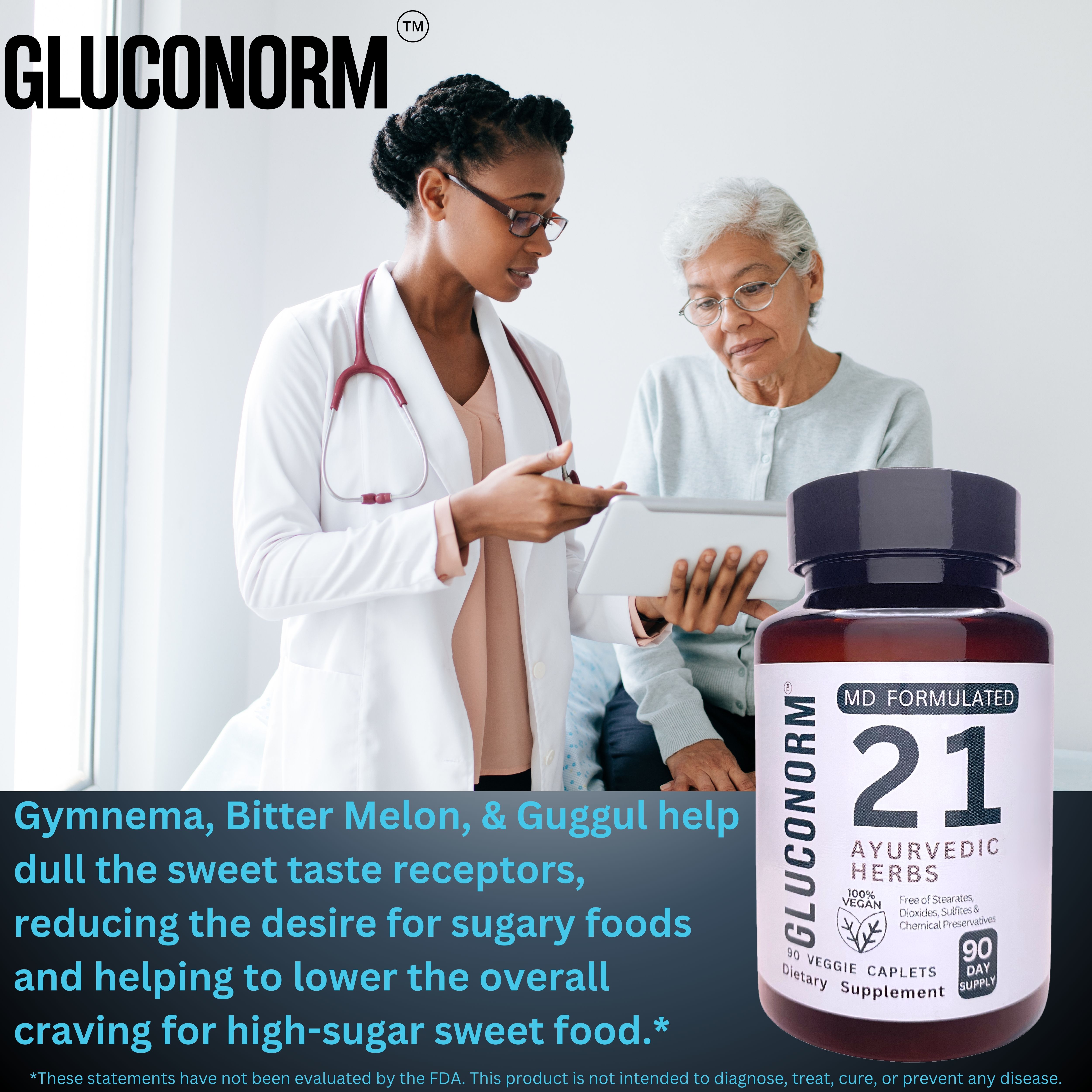 Dr. Dhoble's Remedies GlucoNorm – MD Formulated Research-Backed Natural Blood Sugar Support Formula, Blood Sugar Control, Reduces Sugar Cravings, Made Uniquely with Natures Glue (Gum Acacia), Vegan, Gluten-free, 90 Caplets