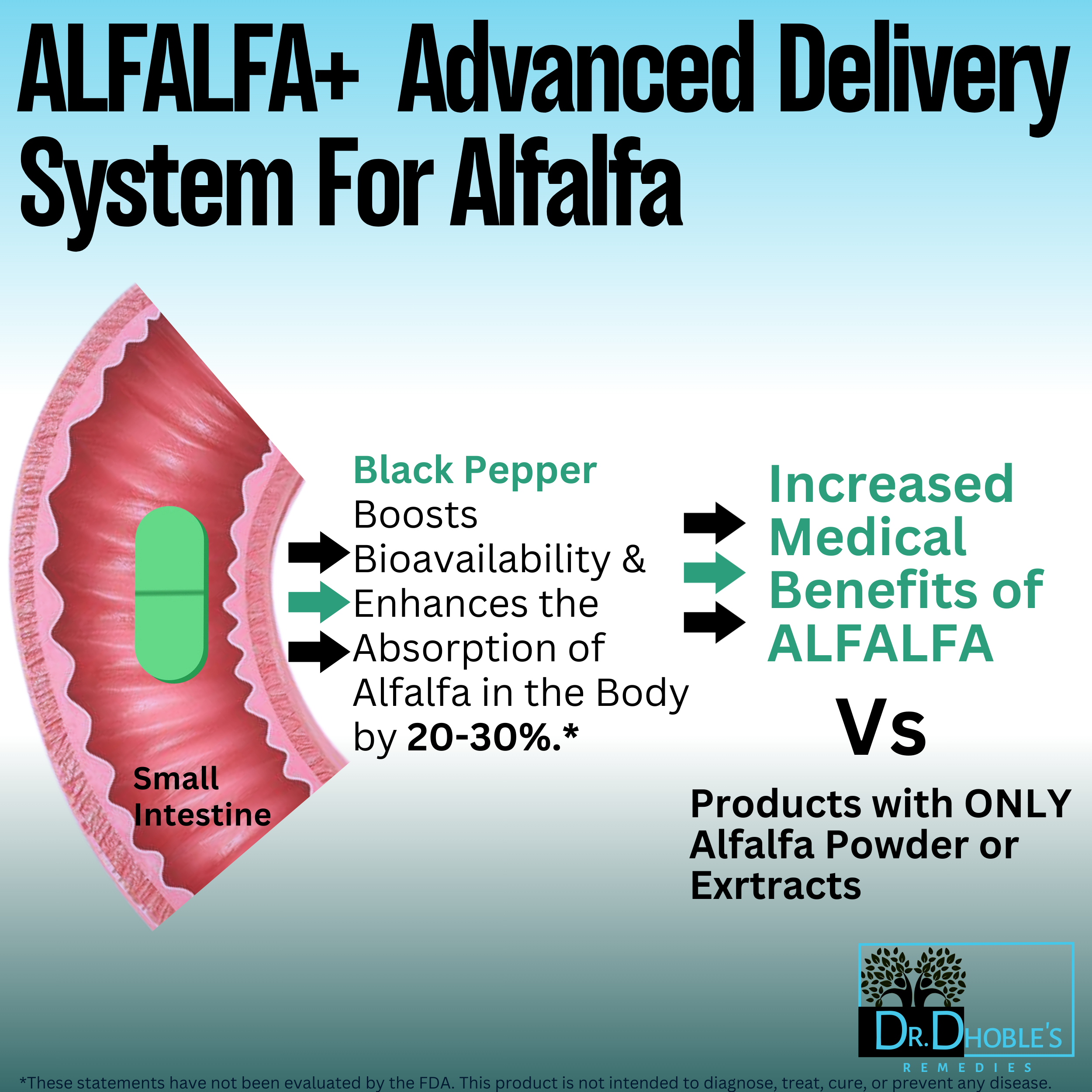 Dr. Dhoble's Remedies Alfalfa+, MD Formulated Advanced Alfalfa Delivery Formula, Enhanced Bioavailability with Black Pepper, Superfood, Natural Chlorophyll Supplement, USDA Organic, 90 Vegan Tablets