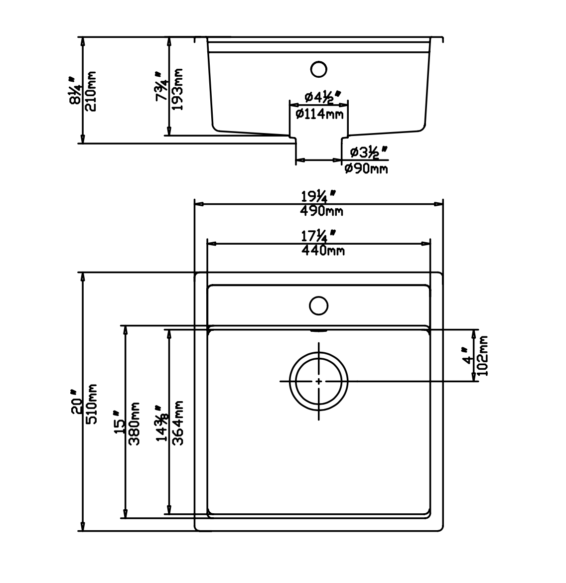 19" Granite Topmount/Middlemount/Undermount Black Kitchen Sink