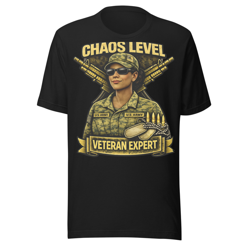 Chaos Level: Expert Veteran T-Shirt – Bold Patriotic Military Graphic Shirt