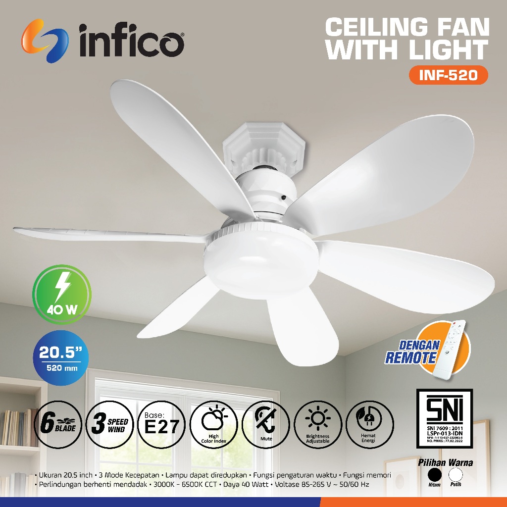 LAMPU KIPAS ANGIN GANTUNG 21 INCH 40 WATT BISA REMOTE FITTING E27 ,6 DAUN ,3 WARNA CAHAYA & 3 SPEED+