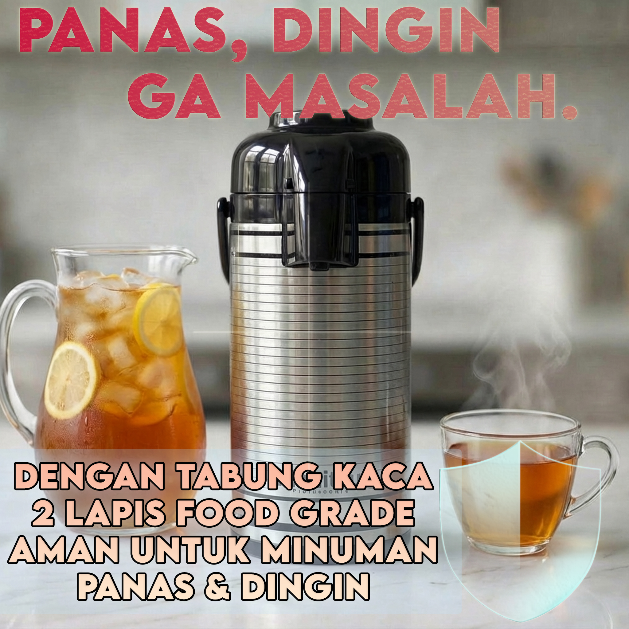 Termos Air Panas 1,9 LITER PACKING BUBBLE BAG! Tabung Kaca, Stainless steel, Tahan Panas Kimitsu -