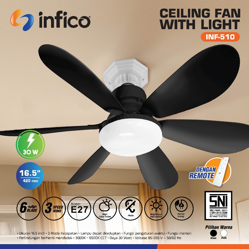 LAMPU KIPAS ANGIN GANTUNG 21 INCH 40 WATT BISA REMOTE FITTING E27 ,6 DAUN ,3 WARNA CAHAYA & 3 SPEED+