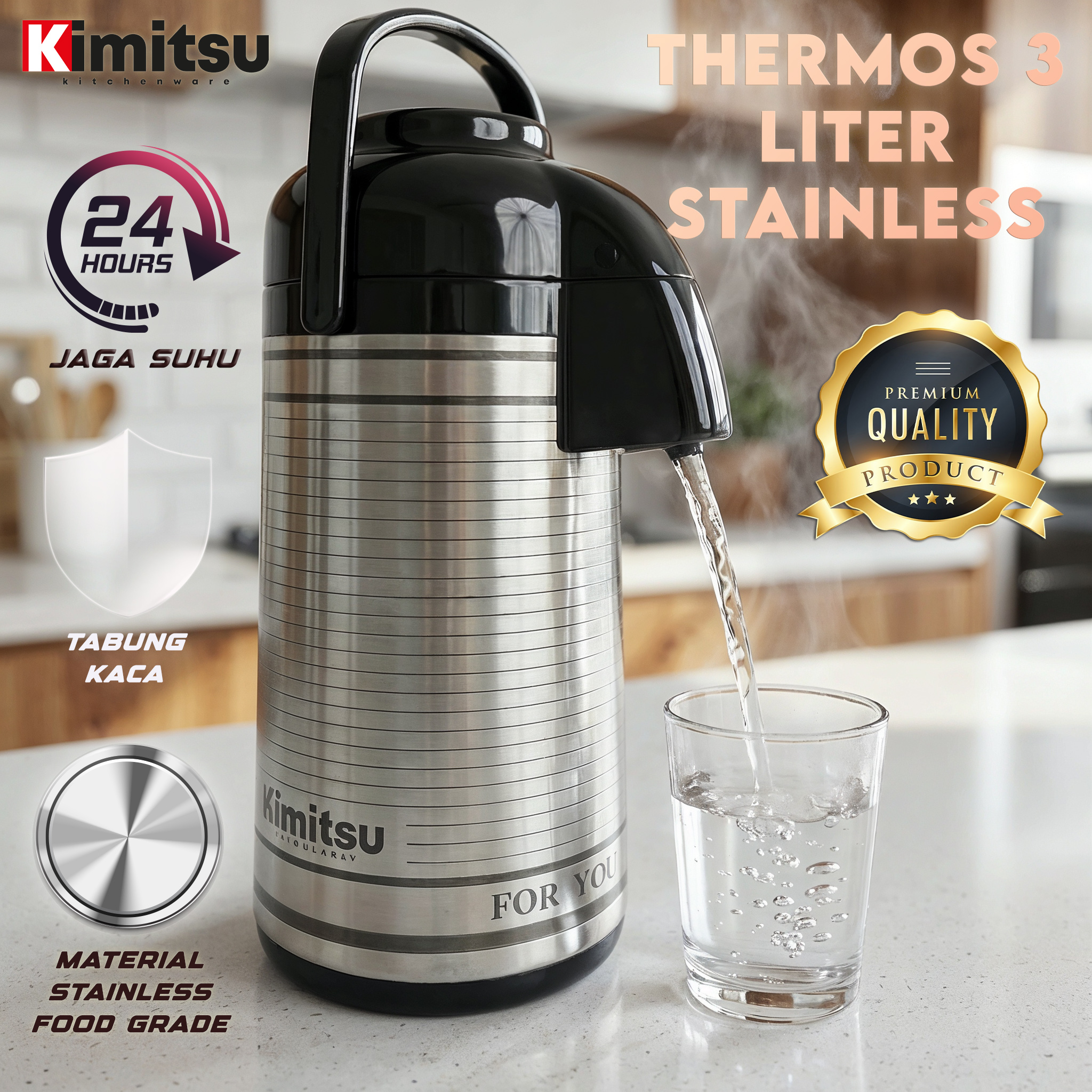Termos Air Panas 1,9 LITER PACKING BUBBLE BAG! Tabung Kaca, Stainless steel, Tahan Panas Kimitsu -