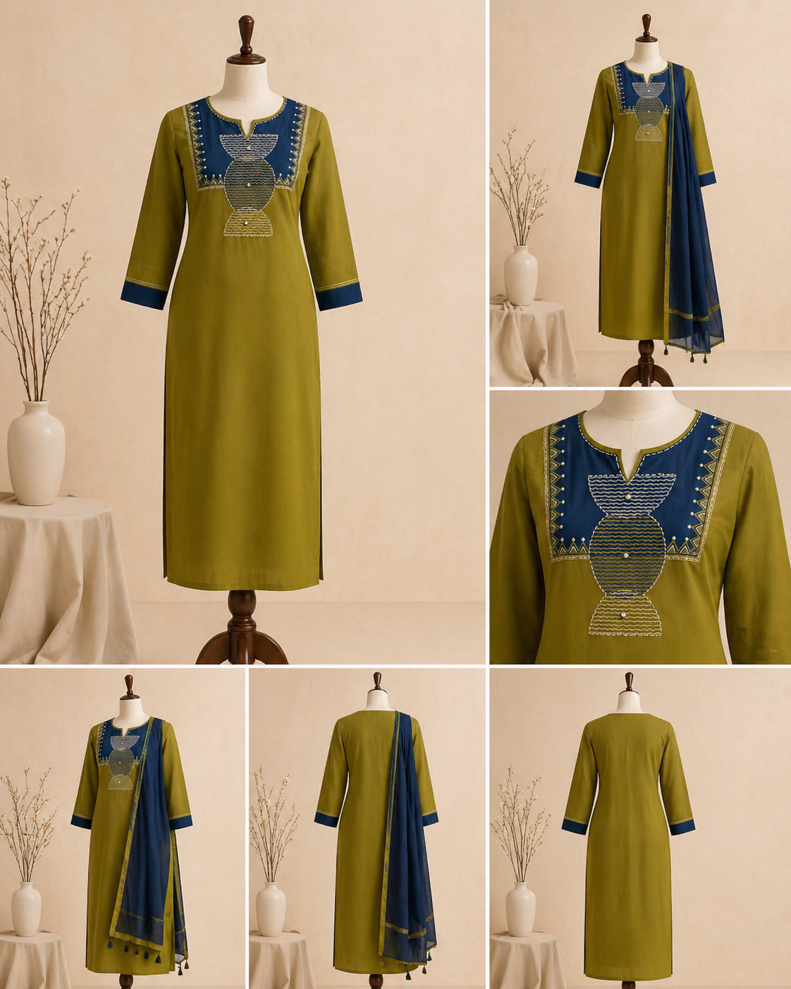 Olive Green & Blue Kurta Set