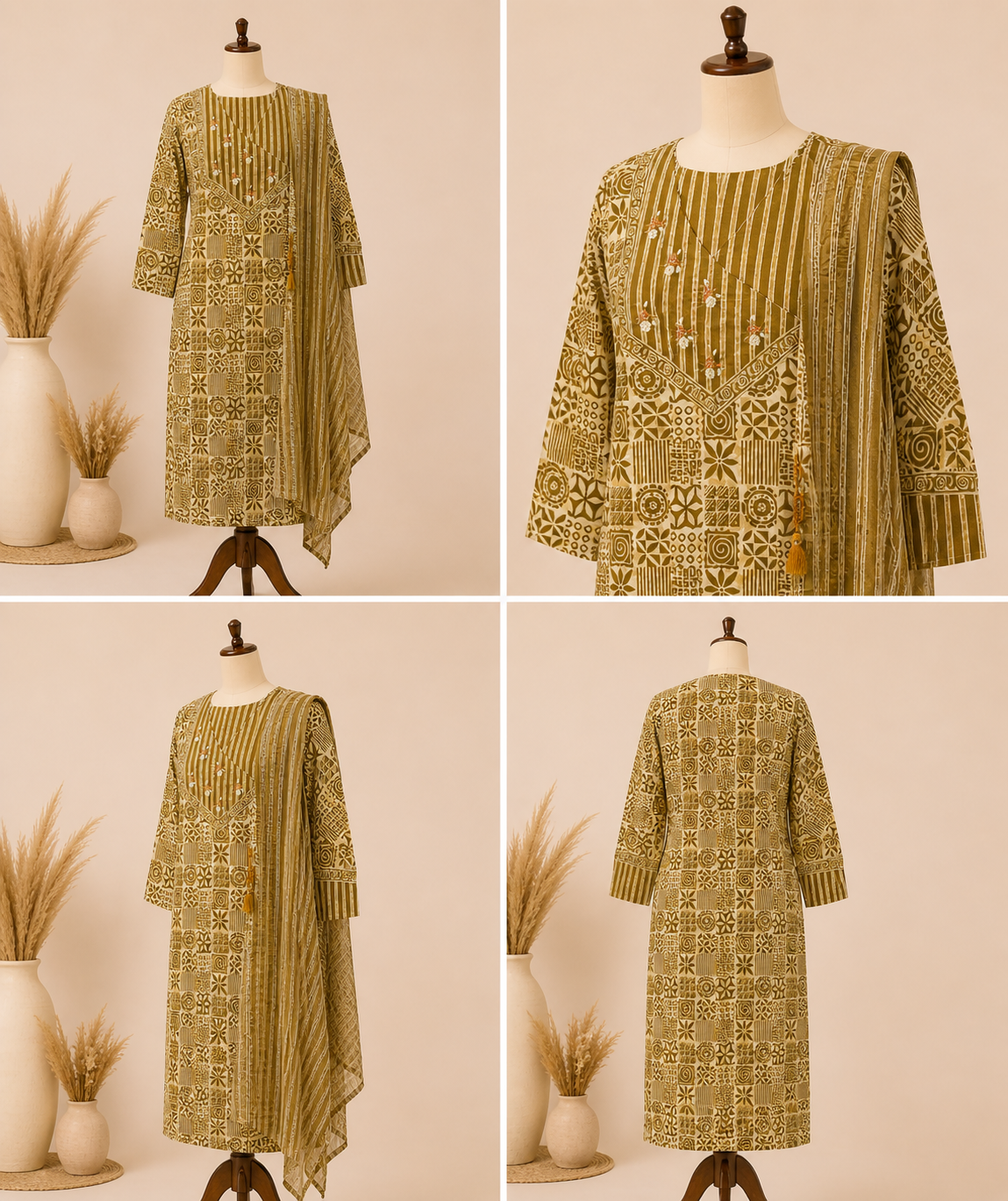 Green Printed Cotton Kurta Set