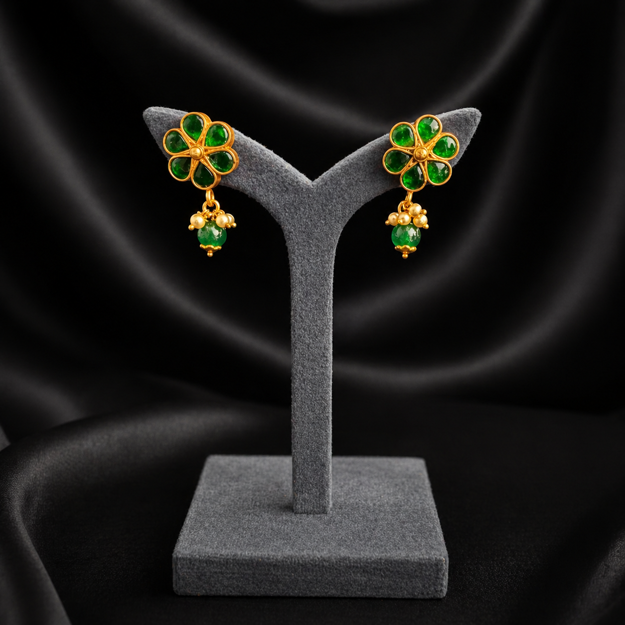 Green Floral Gold Earrings