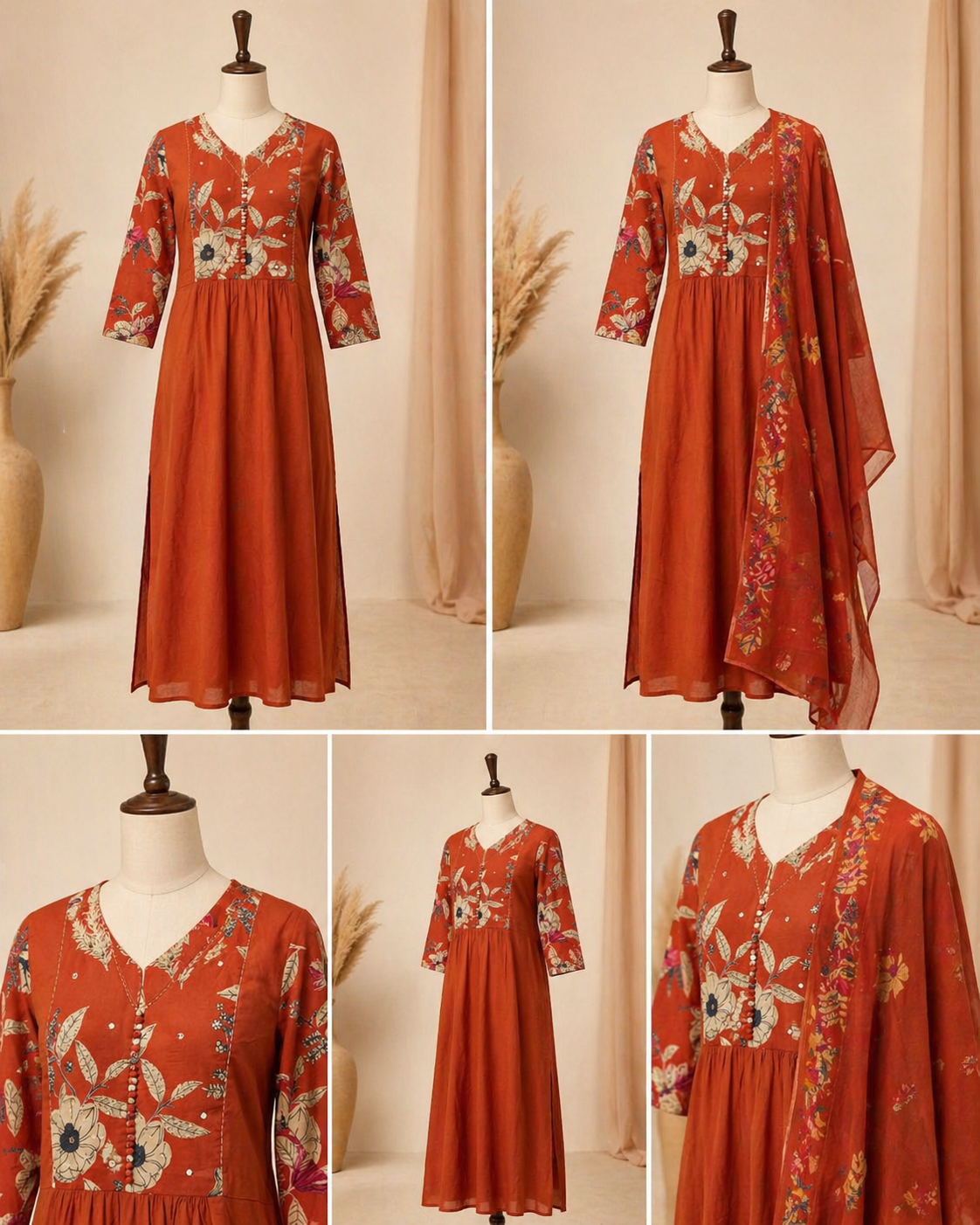 Rust Floral Embroidered Anarkali Set
