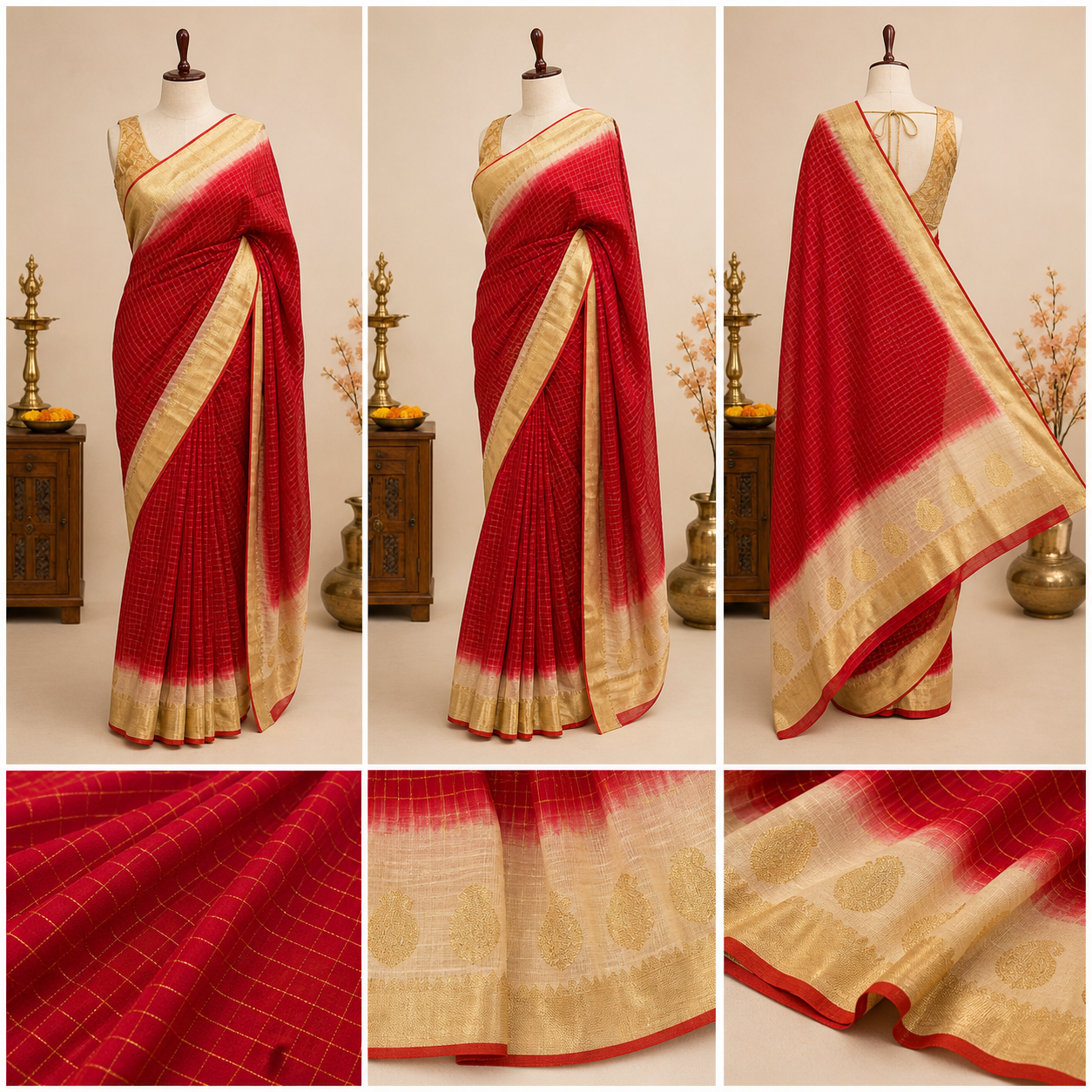Red Silk Saree with Golden Border