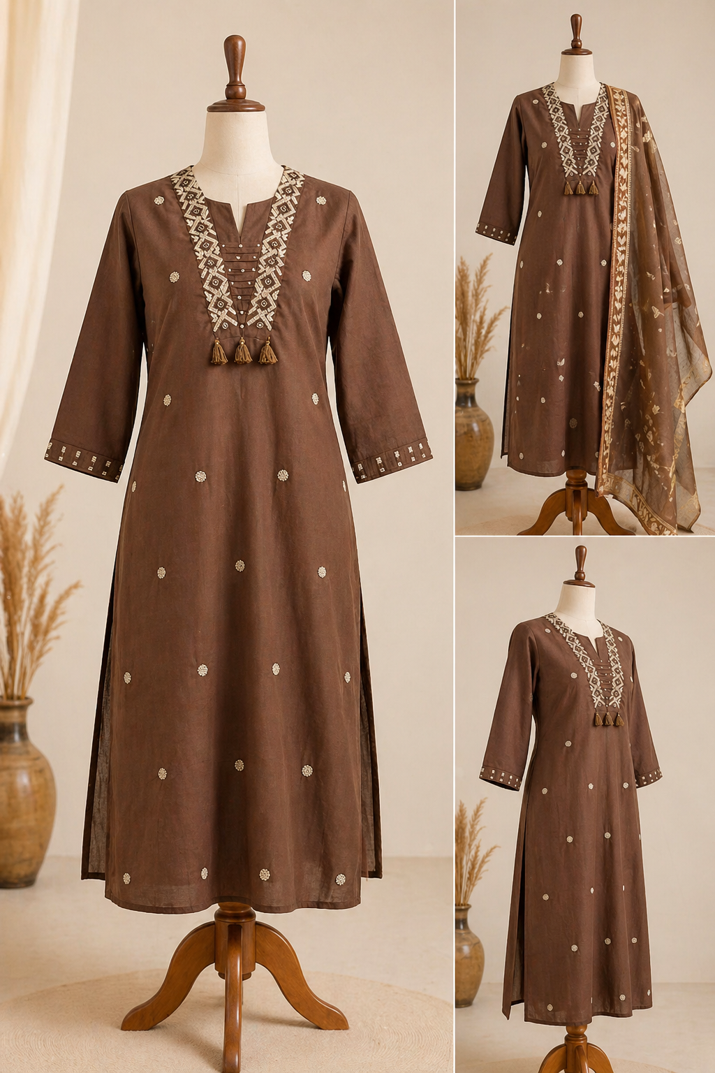 Brown Embroidered Kurta Set