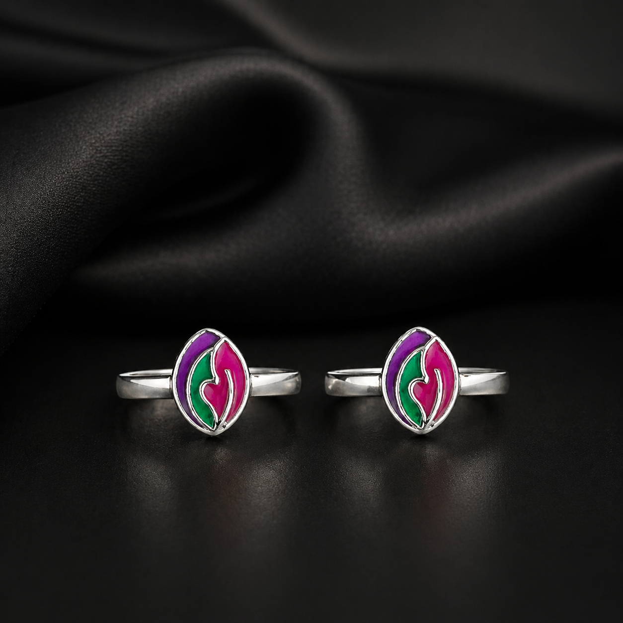 Silver Enamel Leaf Rings