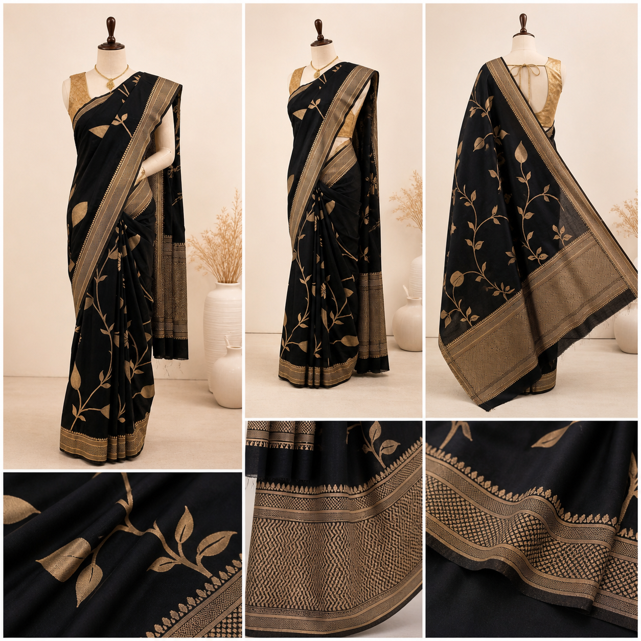 Black Silk Saree with Gold Zari Work