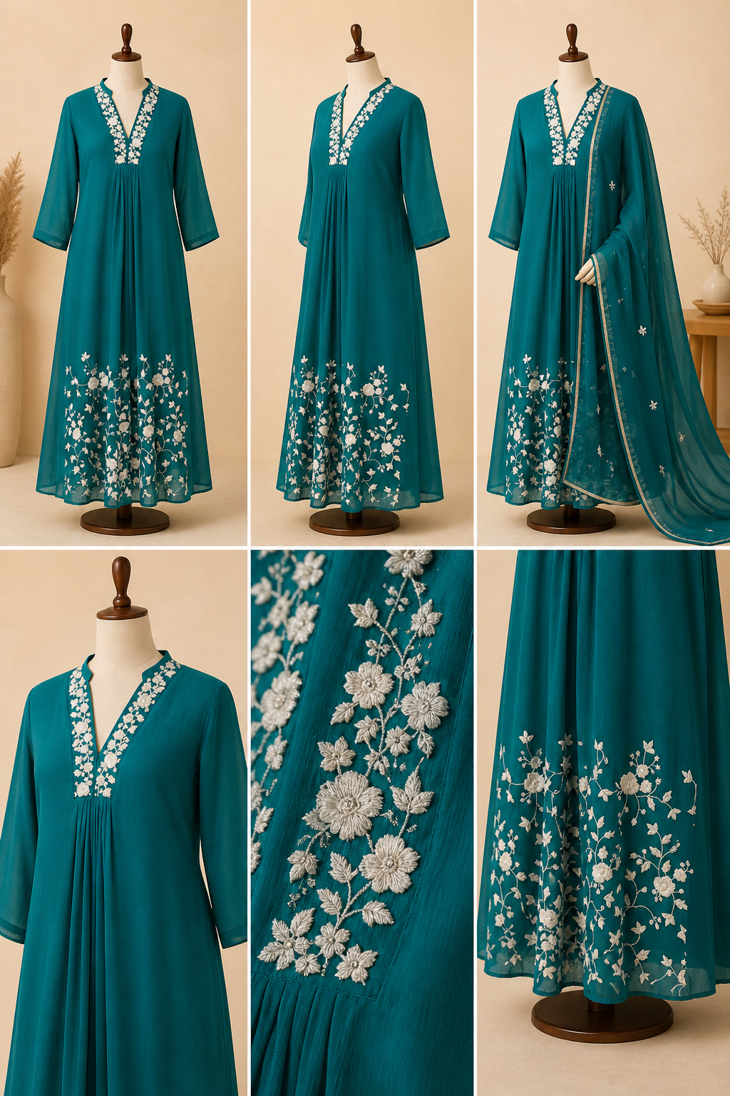 Teal Floral Embroidered Anarkali Dress