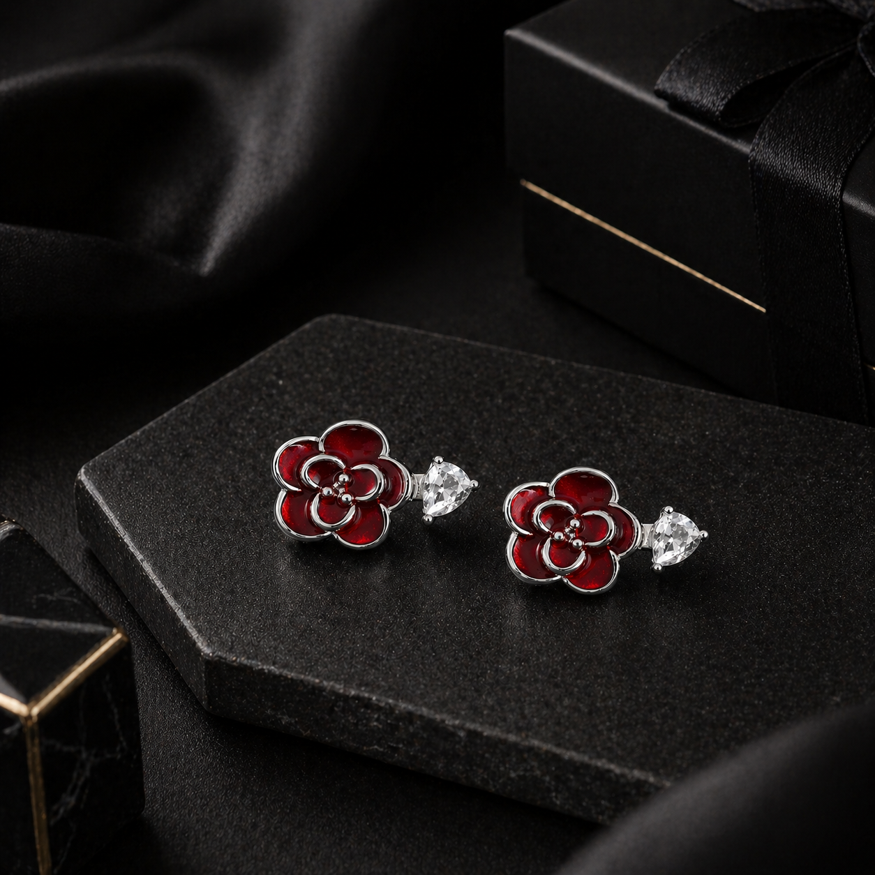 Red Floral Stud Earrings