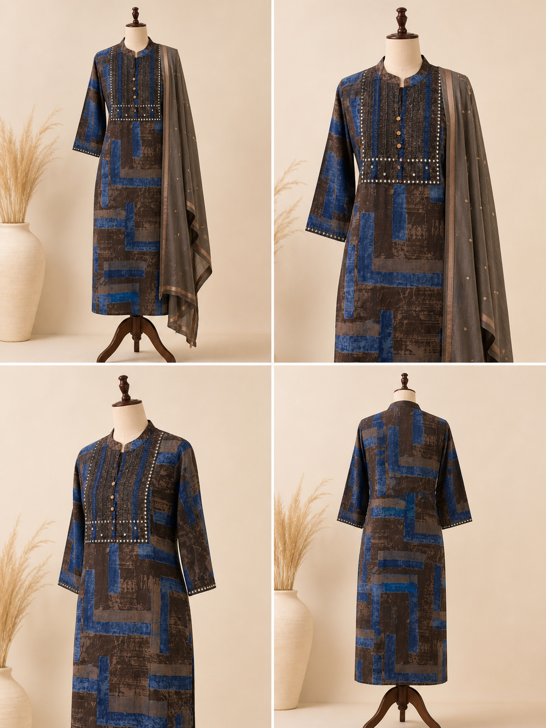 Blue & Brown Abstract Kurta Set