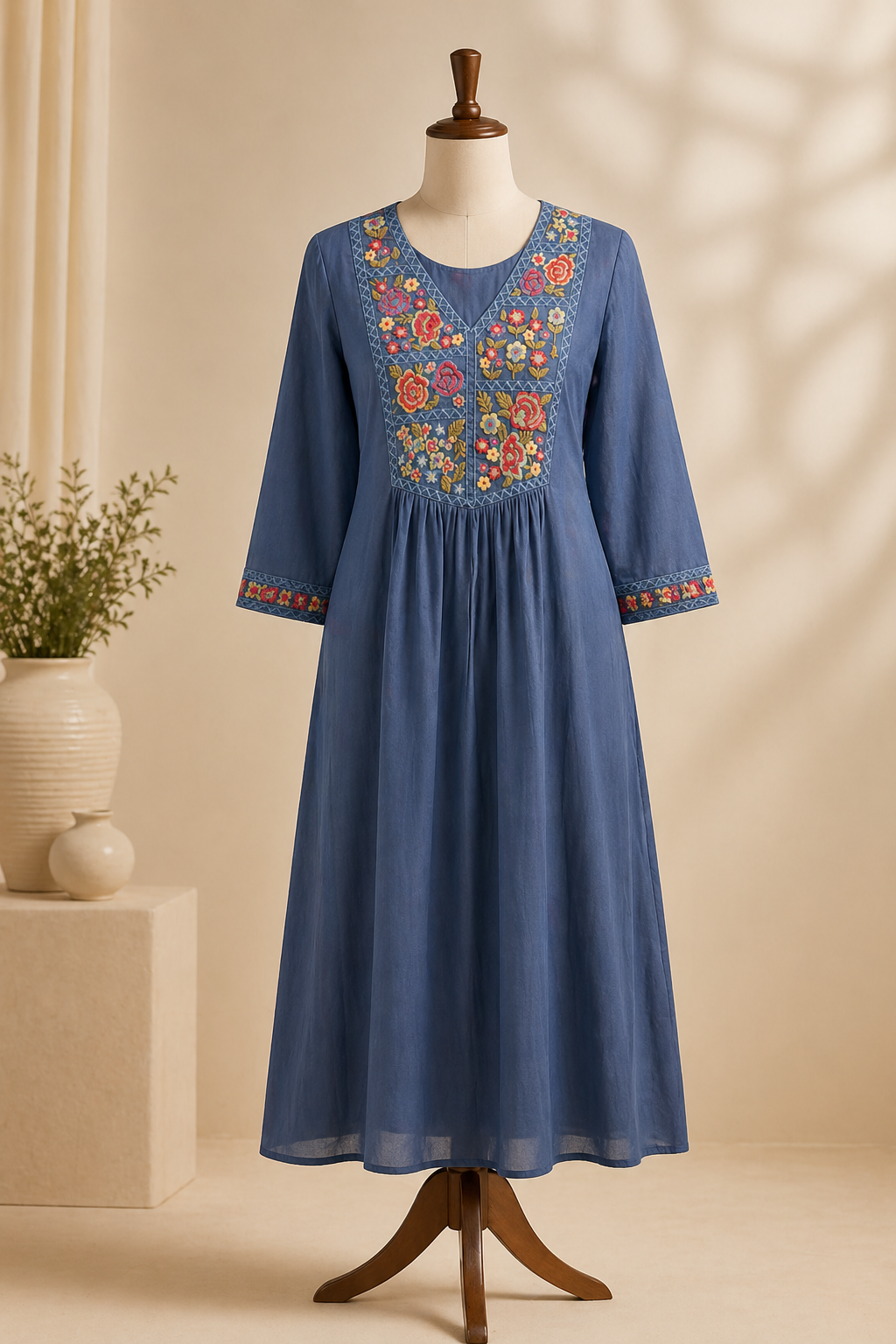 Blue Embroidered Maxi Dress