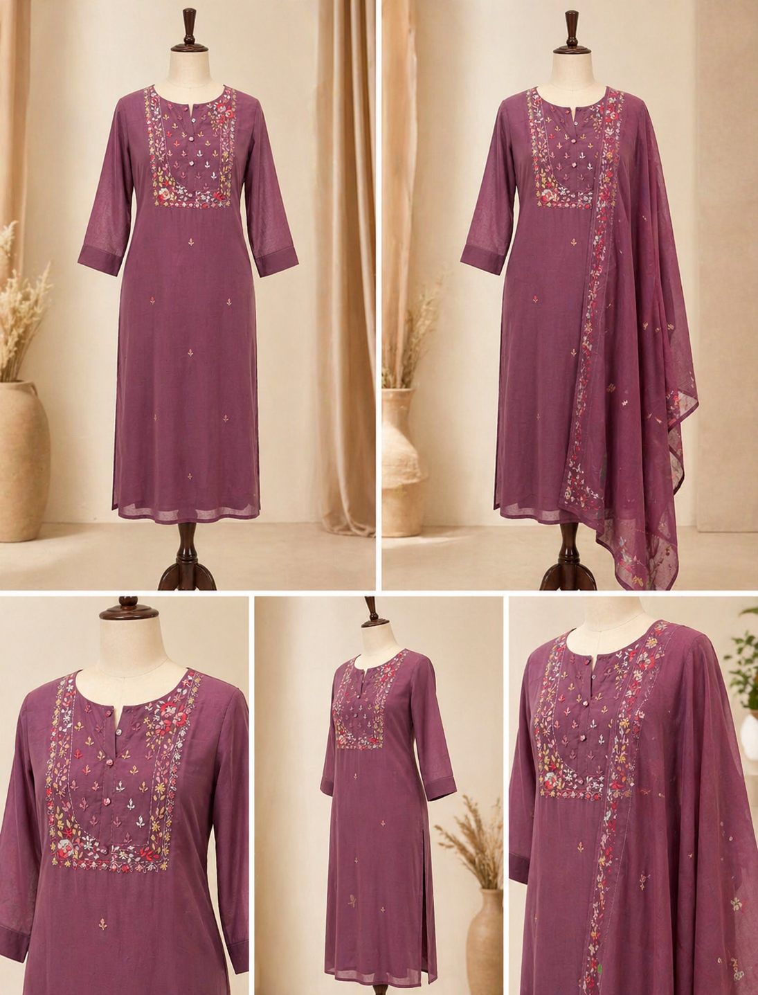 Purple Floral Embroidered Kurta Set