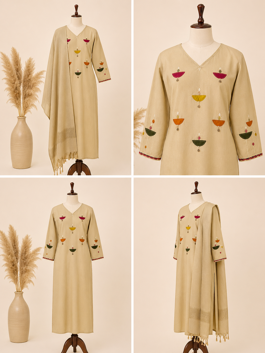 Embroidered Beige Kurta Set