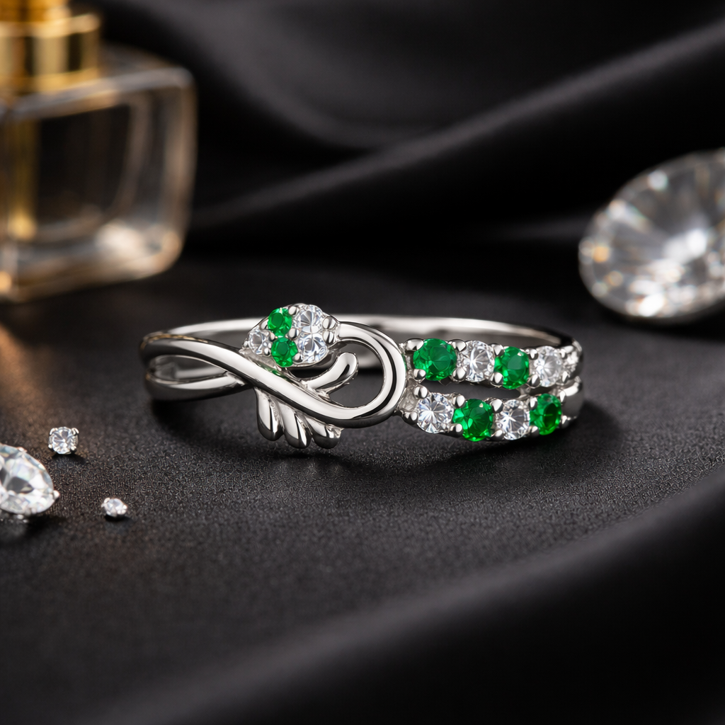 Elegant Emerald & Diamond Silver Ring