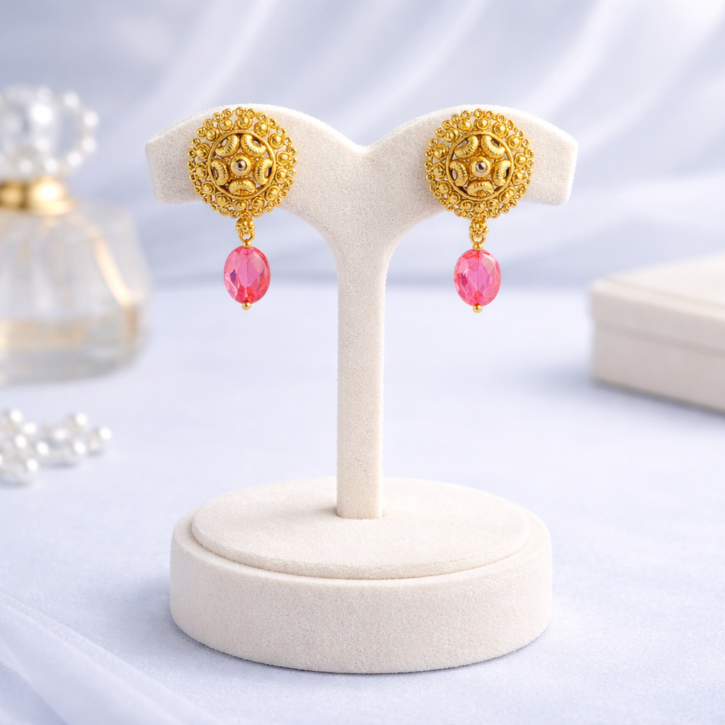 Gold Plated Pink Stone Earrings