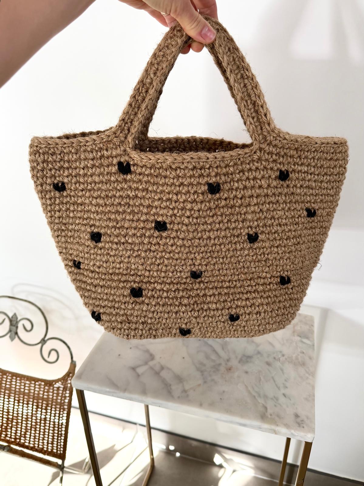 Sac Cabas Jute Cœurs Noir