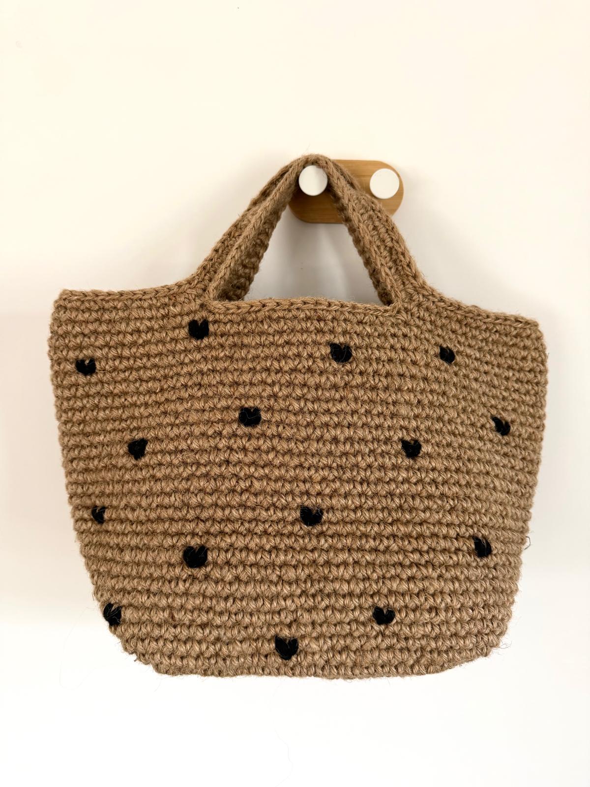 Sac Cabas Jute Cœurs Noir